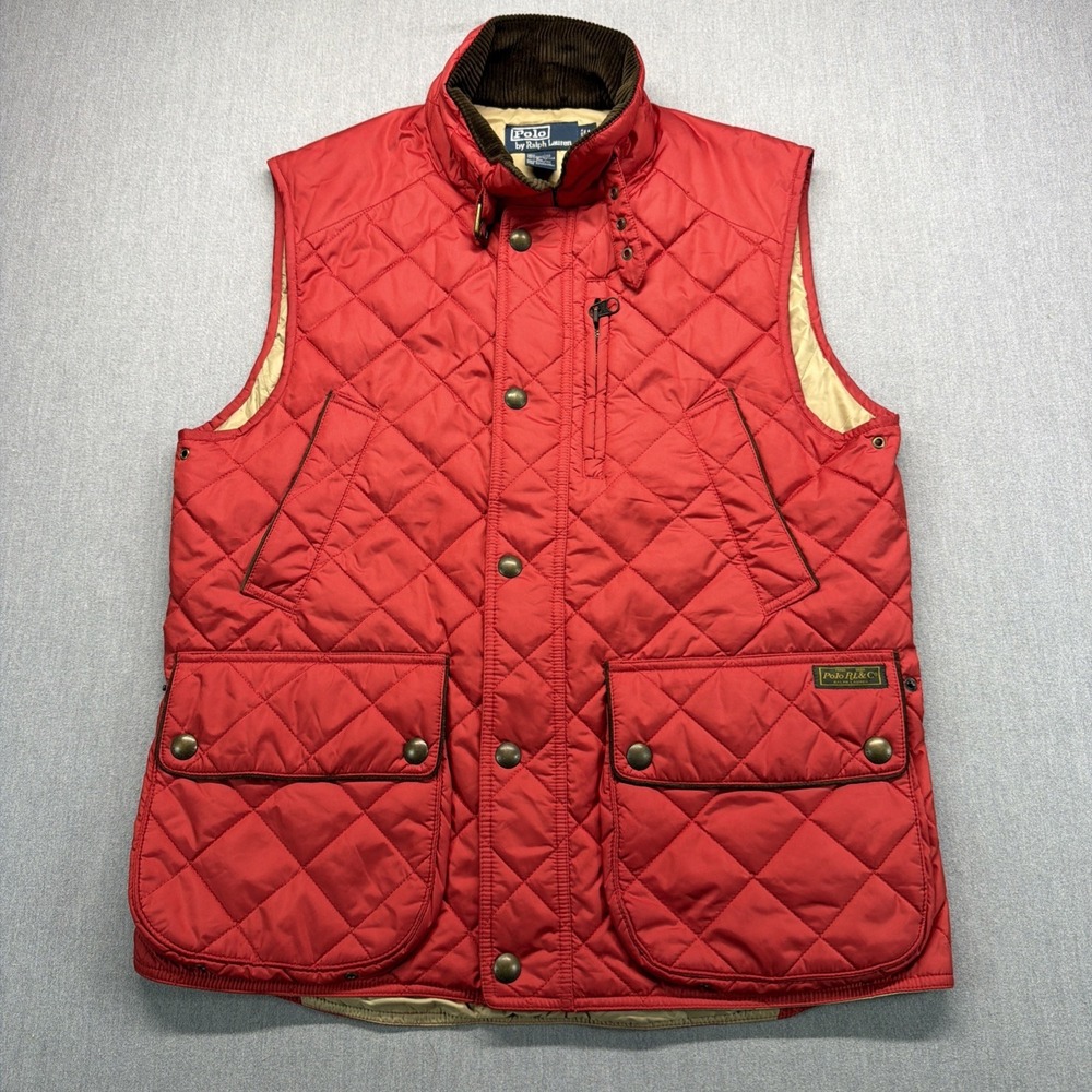 Polo Ralph Lauren Vest Jacket Mens Medium Red Diamond Quilted Corduroy Trim